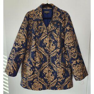 Heidi Daus Nouveau Baroque Navy And Gold Medallion Brocade Button Up Jacket, XL